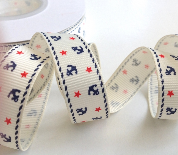 5 m Ripsband creme mit Ankern und Sternen 16 mm