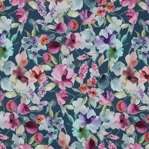 French Terry digital big flowers blue