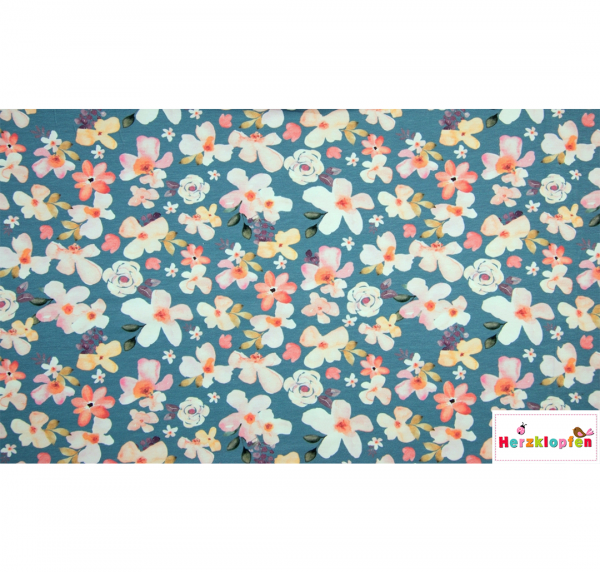 Baumwolljersey Blumen auf mittelblau - Digital Print