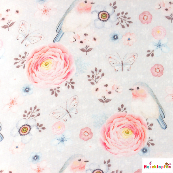 Baumwoll Musselin - Rosen und Vögel
